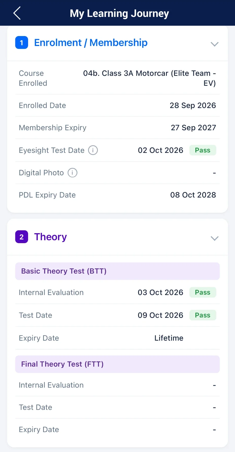 My Learning Journey in the CDC app: enrolment and membership, eyesight test, PDL expiry, and BTT and FTT progress