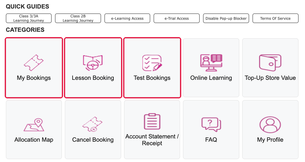 CDC Booking Portal home page with Quick Guides and ten sections; My Bookings, Lesson Booking and Test Bookings are outlined in red